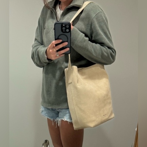 Margot New York Neutral Suede Genuine Leather Kaye Bucket Large Tote Lined - Picture 3 of 16